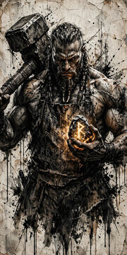 Powerful Viking Warrior Holding Glowing Rune Stone With Hammer