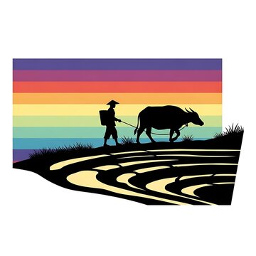 Farmer leads a buffalo through a rice field at sunset