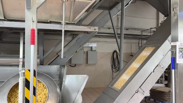 An inclined conveyor carries puffed snacks through a food factory, illustrating automated material handling, snack processing and industrial production