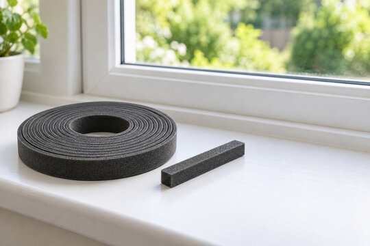Foam weatherstripping roll and sample on a windowsill
