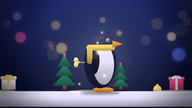 Navy blue and gold tin wind-up penguin Christmas close-up building up