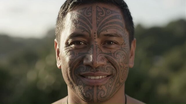 Indigenous man with traditional facial tattoo smiling outdoors