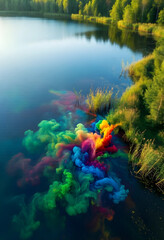 Naklejka premium Environmental pollution and water contamination concept, colorful chemical dye spreading in a natural lake with forest landscape and reeds at sunset