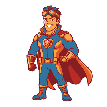 Comic style superhero man with goggles and cape.