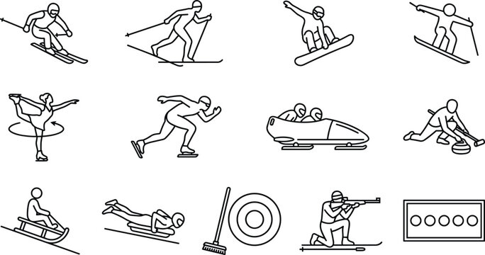 Winter Sports Athlete Action and Ice Games Minimalist Black Line Art Outline Icon Set Featuring Skiing Snowboarding Skating Bobsleigh and Curling Symbols for Vector Designs