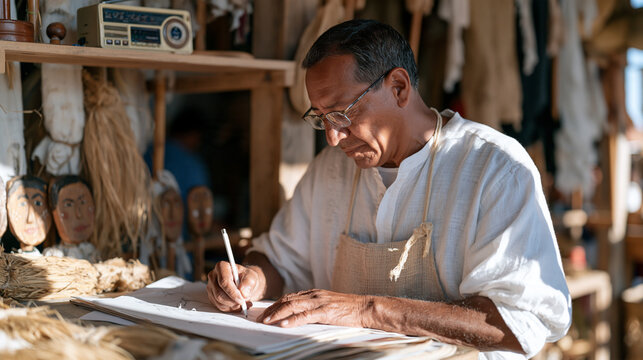 A scarecrow maker sketches a new harvest figure design on paper in a vibrant outdoor market stall, a small transistor radio playing quietly on the shelf above, the master craft