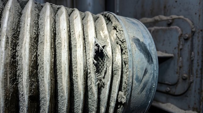 Close-up of a damaged industrial fabric expansion joint with a torn outer layer exposing inner mesh and covered in heavy dust