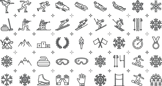 Winter Games and Ice Sports Minimalist Black Line Art Outline Mega Icon Set Featuring Skiing Skating Sledding Snowflakes and Championship Laurel Symbols for Vector Designs