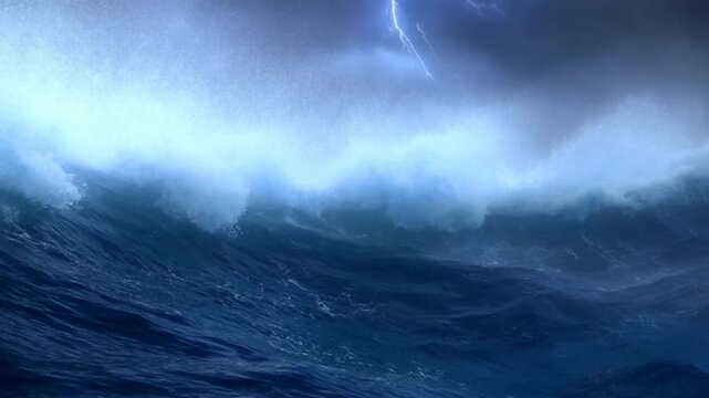 Powerful ocean waves crest and throw windblown spray beneath dark storm clouds