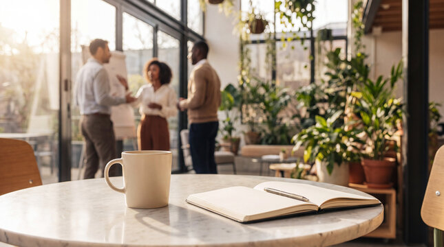 Coffee cup and open notebook on table with colleagues talking in background