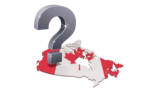 Question mark hovering over Canada map to symbolize political doubt, economic uncertainty, and national decisions. Chroma key green screen with alpha channel. (loopable)