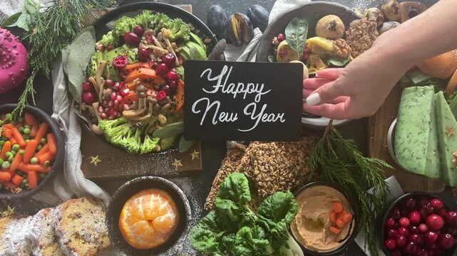 Christmas  family dinner with vegan snacks and dishes on a dark background. Vegan or gluten free diet