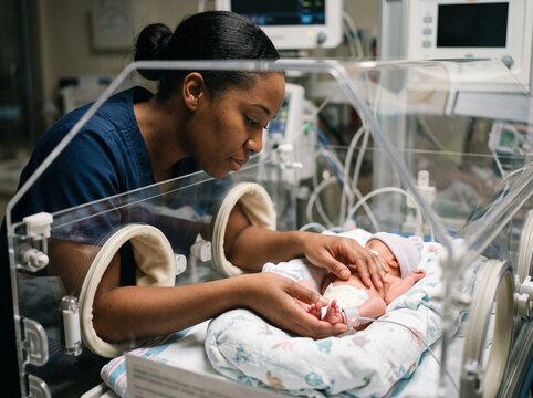 Caring nurse gently touches tiny premature baby in incubator with medical equipment in background