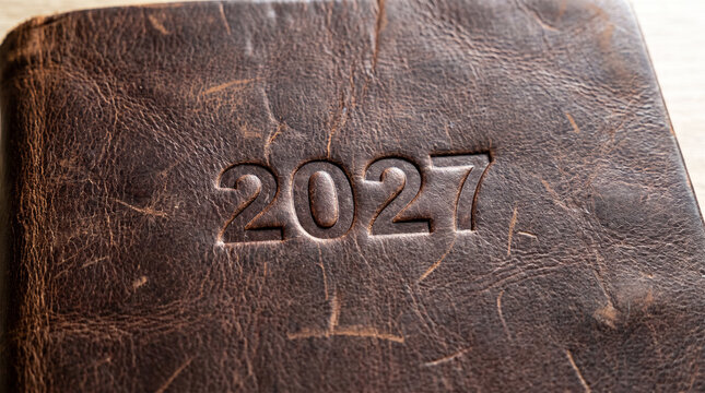Embossed year 2027 on brown leather diary cover, close up view