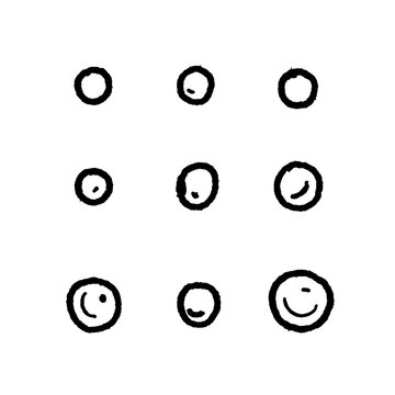 Hand-drawn line art ink icon set of small planets, full moons and round dots isolated on transparent background for magic stickers, celestial design, witchy decor, astrology and RPG game UI.