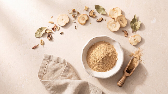 Natural maca root powder in a bowl with sliced roots and herbs