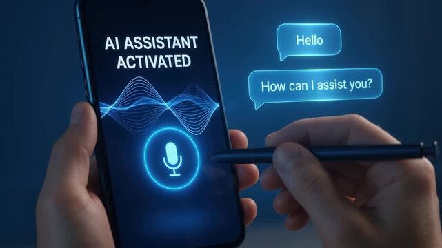 Hands holding smartphone and stylus showing AI assistant activated greeting in modern office