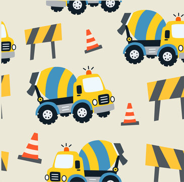 mixer truck cartoon seamless pattern for kids print vector illustration