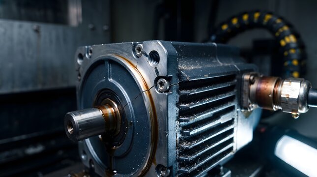 Close-up of a damaged industrial servo motor showing a cracked casing and leaking oil during mechanical fault inspection
