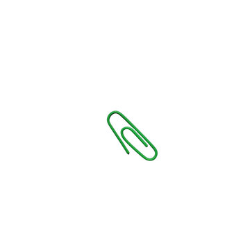 Single green metal paperclip isolated on white background