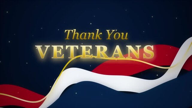 Animated Glowing Gold Thank You Veteran Text On Seamless Looping Abstract Wavy Red White And Blue Ribbon Background With Golden Line Accent For Patriotic Military Message