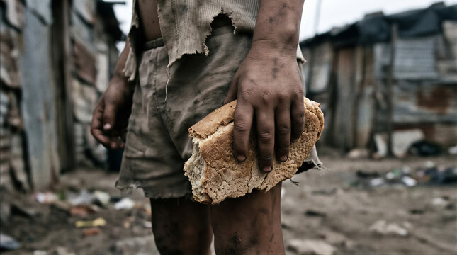 Person holding bread in a poor settlement. International Day for the Eradication of Poverty. Hunger, food insecurity and extreme poverty. Humanitarian aid and social inequality