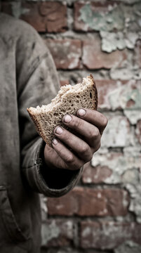 Hand holding a piece of bread against a weathered brick wall. International Day for the Eradication of Poverty. Hunger relief and food insecurity awareness. Poverty and social inequality