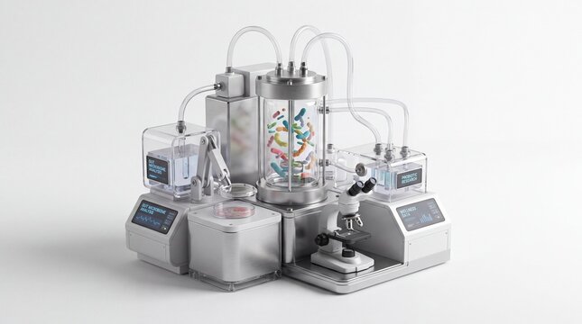 A 3D isolated illustration of a futuristic laboratory device with tubes, chambers, and microscopic analysis equipment in white background