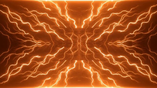 Orange electrical bolts radiate across a dark abstract background in a branching pattern
