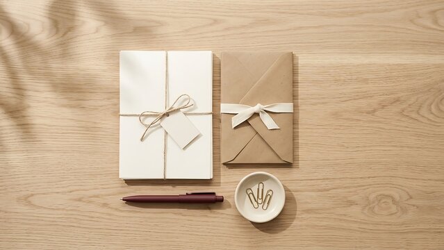 Elegant stationery set mockup featuring a stack of white cards tied with twine, a kraft paper envelope with a white ribbon, a burgundy pen, and paper clips on a light wooden table with leaf shadows.