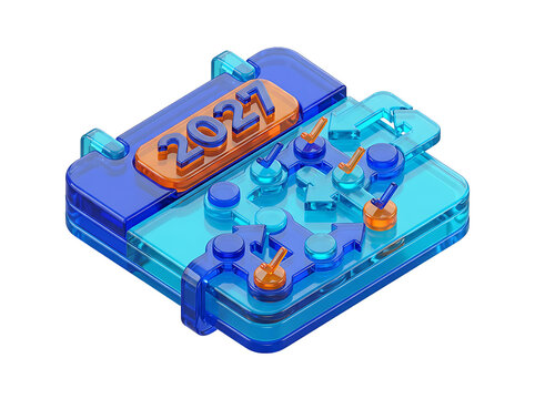 3d calendar 2021 with blue and orange elements, isometric view, planning concept