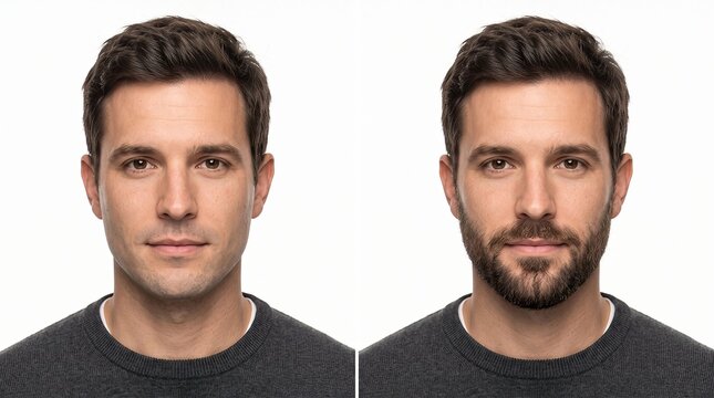 Professional man portrait comparison clean shaven versus bearded in neutral lighting