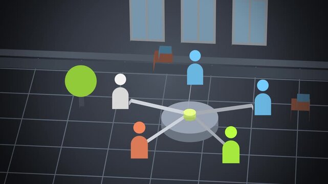 Pictogram team pushing a big wheel together in small scene wide scene