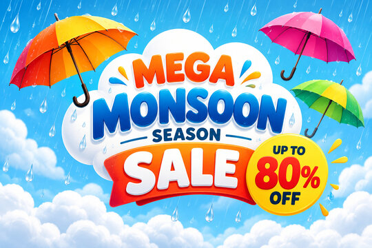 Mega monsoon season sale with colorful umbrellas and discount banner