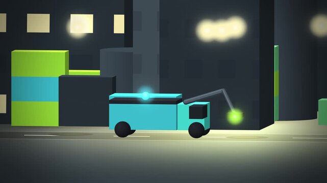 Green road repair truck patching potholes in AI smart city tilted view