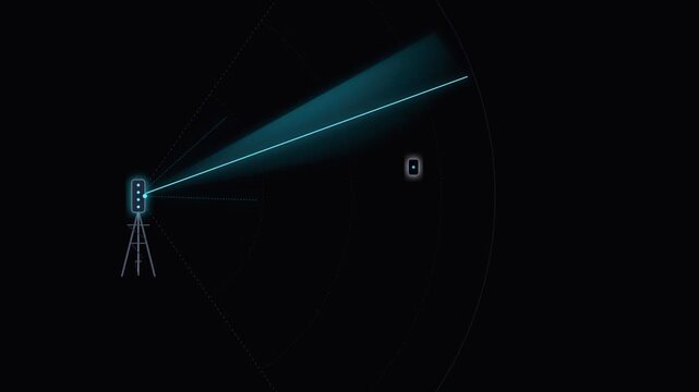 Futuristic surveying instrument casting glowing blue laser beams in dark digital space