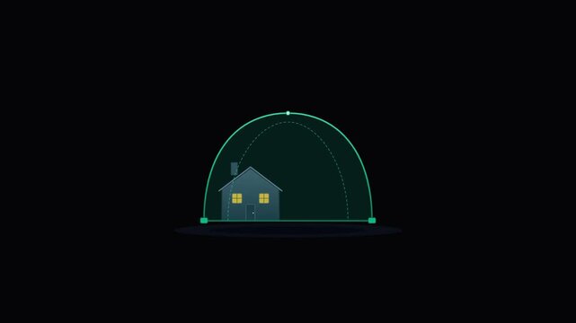 A small house protected under a glowing digital shield dome symbolizing safety and security