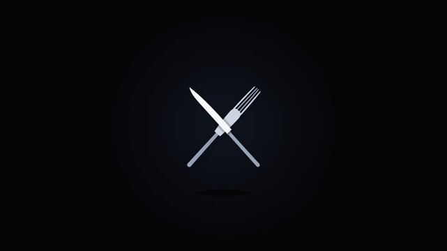 Minimalist icon of crossed knife and fork on dark background representing dining and food service
