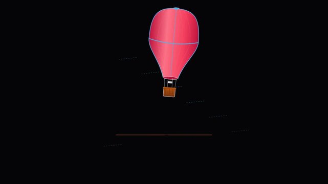 Bright pink hot air balloon floating alone against a dark black night sky background