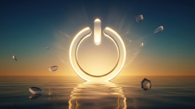 Glowing Reset Symbol Over Digital Sea &ndash; Fresh Start and Innovation.
