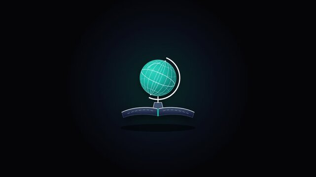 Minimalist vector illustration of a glowing globe resting on an open book against a dark background