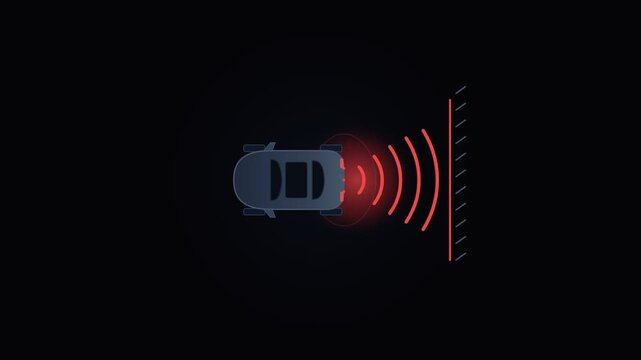 Top view illustration of a car using rear parking sensor and radar waves detecting an obstacle