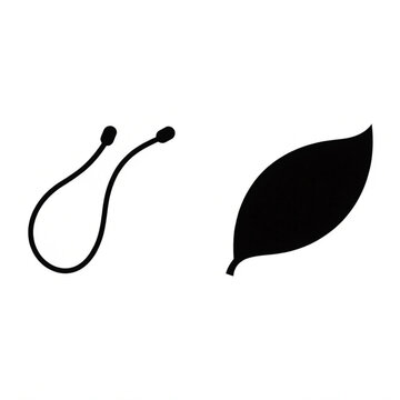 Minimalist black leaf and string loop icon set, simple botanical element silhouette isolated on white background