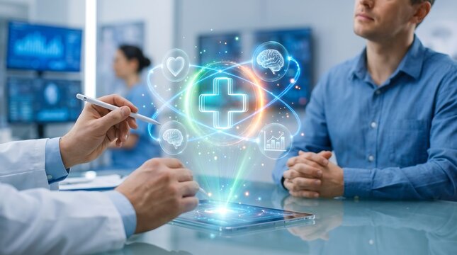 Doctor and patient in consultation room with digital health icons and futuristic technology