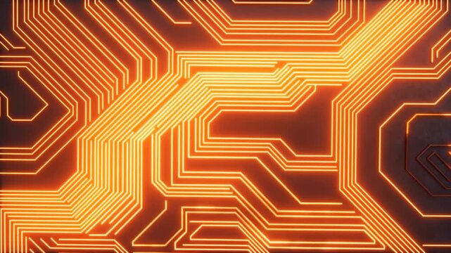 Glowing circuit traces form an intricate pattern across a dark electronic surface