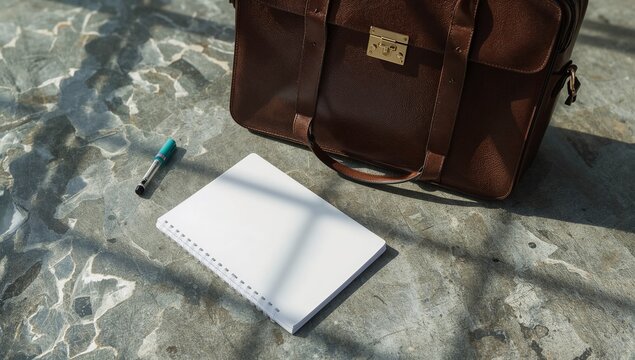 A brown bag sits on a stone floor next to a notepad, great for office or study scenes