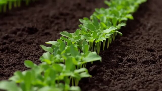 Green seedlings stand in a row across dark cultivated soil in a garden bed
