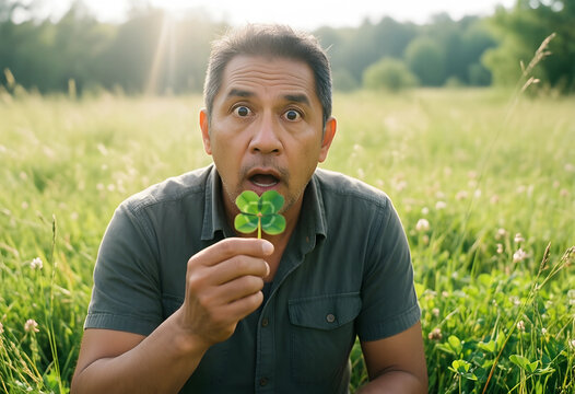 Good luck and fortune concept, surprised man holding a four leaf clover in a sunny meadow, finding success and positive opportunity in nature