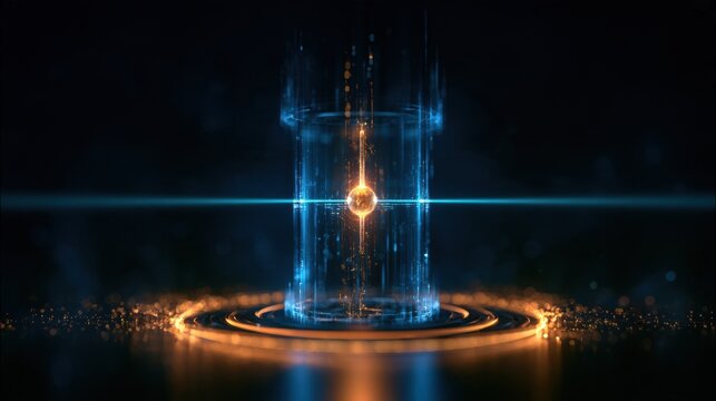 A trapped ion qubit is shown in an electromagnetic field with an amber atom and a cyan laser beam manipulating its quantum state, set in a dark lab.