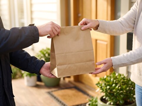 Couriers hand over brown paper food package to a waiting recipient with delivery home bag online ordering fast courier service receiving